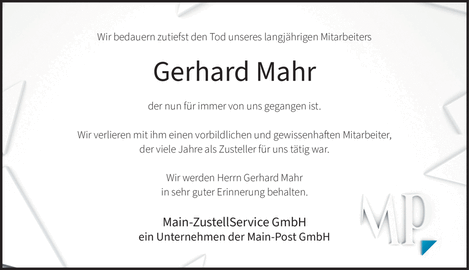 Wir bedauern zutiefst den Tod unseres langj&auml;hrigen Mitarbeiters Gerhard Mahr