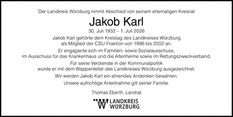 Der Landkreis W&uuml;rzburg nimmt Abschied von seinem ehemaligen Kreisrat Jakob
