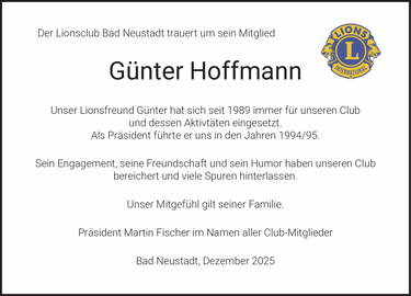 Der Lionsclub Bad Neustadt trauert um sein Mitglied Günter Hoffmann Unser