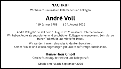 N AC H R U F Wir trauern um unseren Mitarbeiter und Kollegen Andr Voll * 19