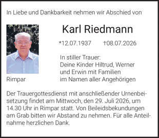 In Liebe und Dankbarkeit nehmen wir Abschied von Karl Riedmann *12