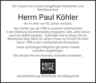 Wir trauern um unseren langj&auml;hrigen Mitarbeiter und Betriebsrentner Herrn Paul