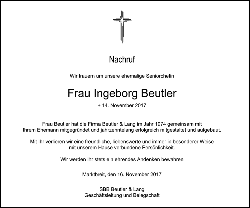 Nachruf Wir Trauern Um Unsere Ehemalige Seniorchefin Frau Ingeborg 