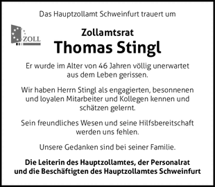 Das Hauptzollamt Schweinfurt trauert um Zollamtsrat Thomas Stingl Er wurde im