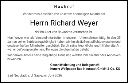 Nachruf Wir nehmen Abschied von unserem ehemaligen Mitarbeiter Herrn Richard