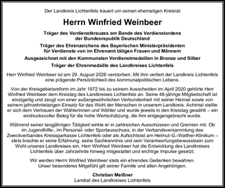 Der Landkreis Lichtenfels trauert um seinen ehemaligen Kreisrat Herrn Winfried