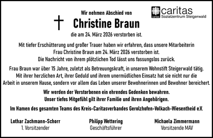 Wir nehmen Abschied von Christine Braun die am 24