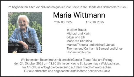 Im begnadeten Alter von 98 Jahren gab sie ihre Seele in die Hände des Im begnadeten Alter von 98 Jahren gab sie ihre Seele in die Hände des
