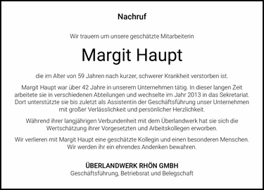 Nachruf Wir trauern um unsere gesch&auml;tzte Mitarbeiterin Margit Haupt die im