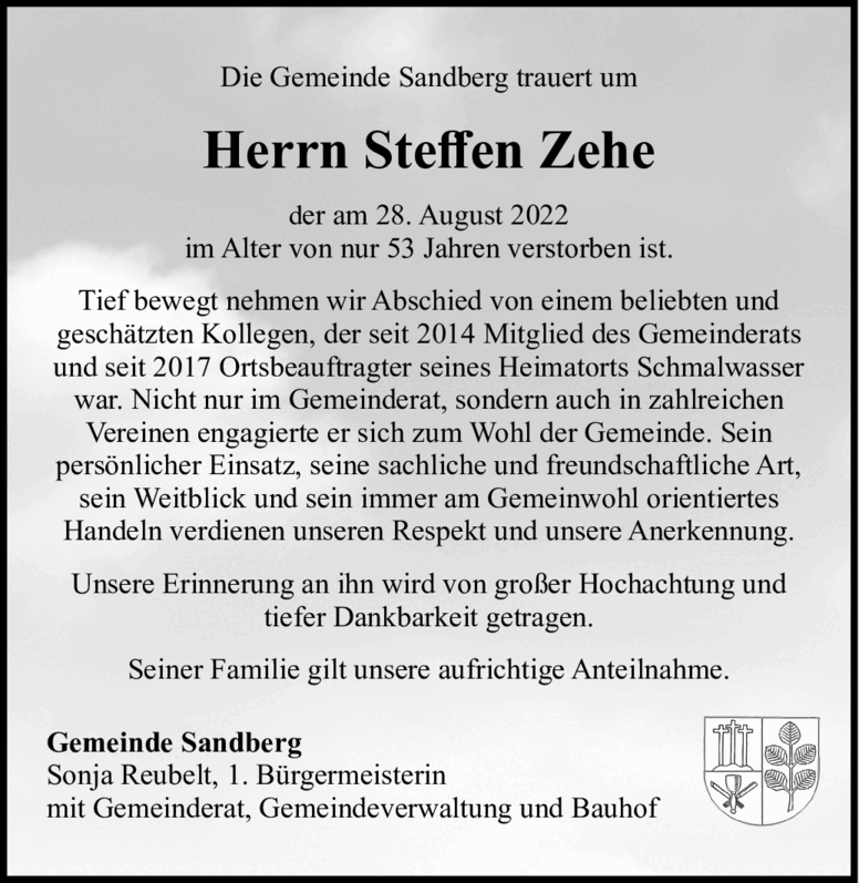 Die Gemeinde Sandberg trauert um Herrn Ste?