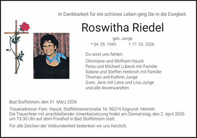 In Dankbarkeit f&uuml;r ein sch&ouml;nes Leben ging Sie in die Ewigkeit