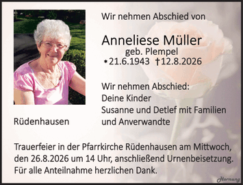 Wir nehmen Abschied von Anneliese M&uuml;ller geb