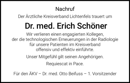 Nachruf Der &Auml;rztliche Kreisverband Lichtenfels trauert um Dr