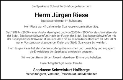 Die Sparkasse Schweinfurt-Ha&szlig;berge trauert um Herrn J&uuml;rgen Riese