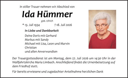 In stiller Trauer nehmen wir Abschied von Ida H&uuml;mmer geb