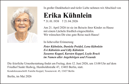In gro&szlig;er Dankbarkeit und tiefer Liebe nehmen wir Abschied von Erika K&uuml;hnlein
