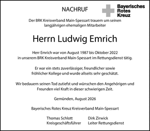 NACHRUF Der BRK Kreisverband Main-Spessart trauern um seinen langj&auml;hrigen