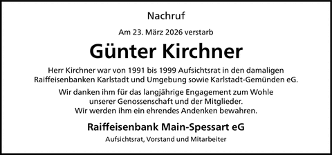 Nachruf Am 23. M&auml;rz 2026 verstarb G&uuml;nter Kirchner Herr Kirchner war von 1991