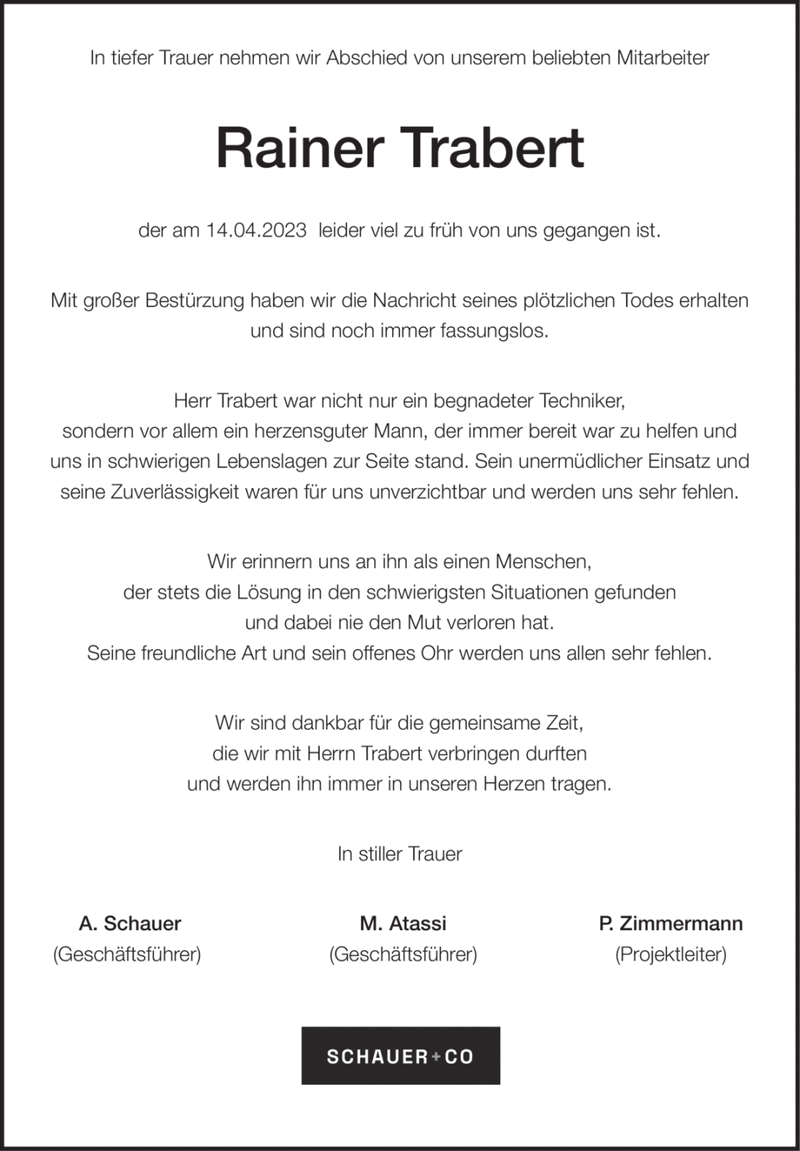 In tiefer Trauer nehmen wir Abschied von unserem beliebten Mitarbeiter ...