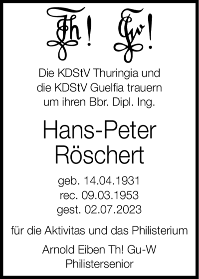 Die KDStV Thuringia und die KDStV Guelfia trauern um ihren Bbr