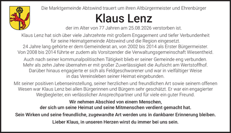 Die Marktgemeinde Abtswind trauert um ihren Altb&uuml;rgermeister und Ehrenb&uuml;rger