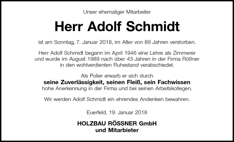 Unser ehemaliger Mitarbeiter Herr Adolf Schmidt ist am Sonntag