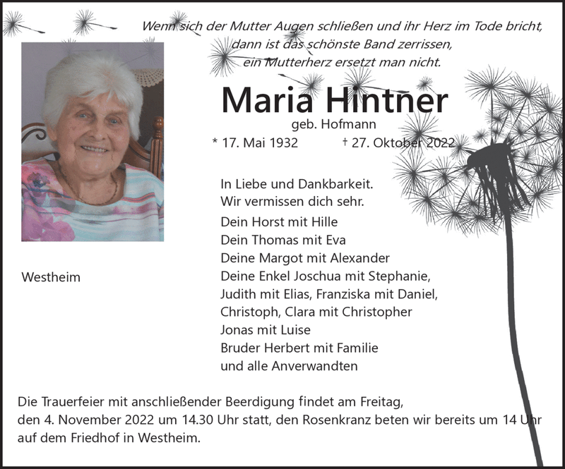 Wenn sich der Mutter Augen schließen und ihr Herz im Tode bricht