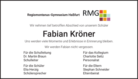 Regiomontanus-Gymnasium Ha&szlig;furt Wir nehmen tief betroffen Abschied von unserem