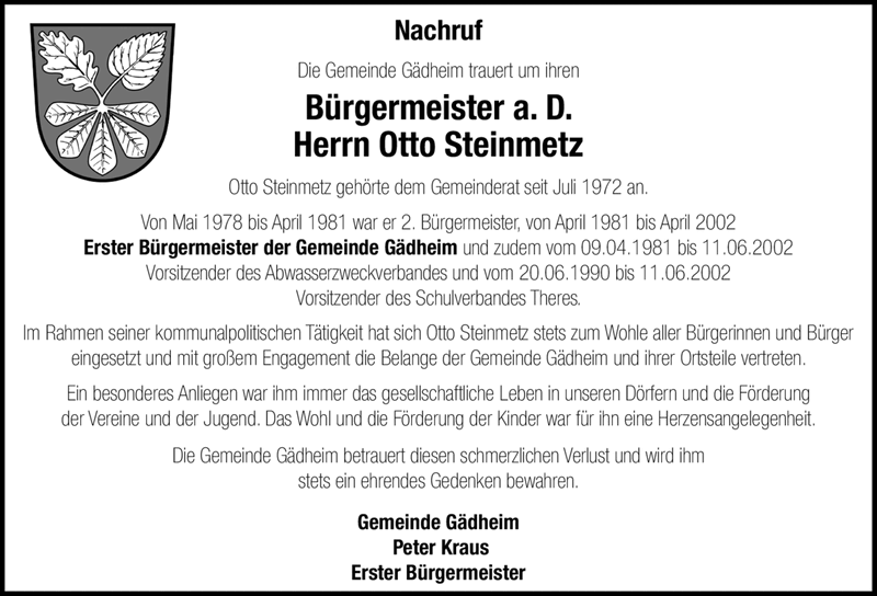 Nachruf Die Gemeinde Gädheim trauert um ihren Bürgermeister a