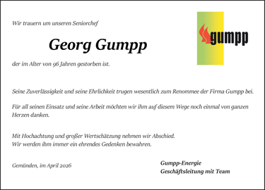 Wir trauern um unseren Seniorchef Georg Gumpp der im Alter von 96 Jahren