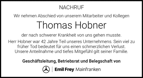 NACHRUF Wir nehmen Abschied von unserem Mitarbeiter und Kollegen Thomas Hobner