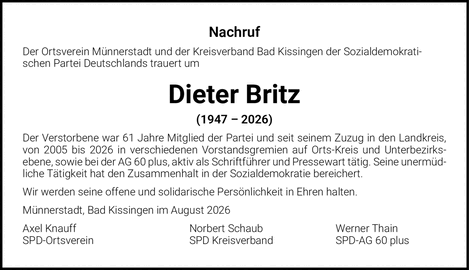 Nachruf Der Ortsverein M&uuml;nnerstadt und der Kreisverband Bad Kissingen der