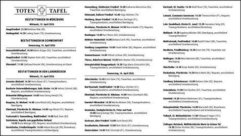 BESTATTUNGEN IN W&Uuml;RZBURG Mittwoch