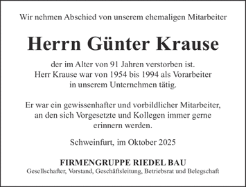Wir nehmen Abschied von unserem ehemaligen Mitarbeiter Herrn Günter Krause der