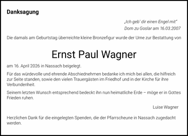 Danksagung ?Ich geb? dir einen Engel mit?