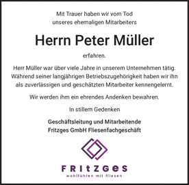 Mit Trauer haben wir vom Tod unseres ehemaligen Mitarbeiters Herrn Peter