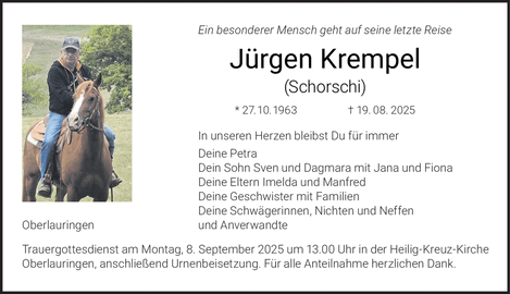 Ein besonderer Mensch geht auf seine letzte Reise Jürgen Krempel (Schorschi) *
