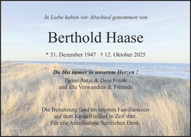 In Liebe haben wir Abschied genommen von Berthold Haase * 31
