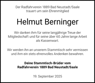 Der Radfahrverein 1889 Bad Neustadt/Saale trauert um sein Ehrenmitglied Helmut