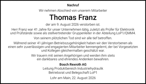 Nachruf Wir nehmen Abschied von unserem Mitarbeiter Thomas Franz der am 9