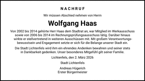 NACHRUF Wir m&uuml;ssen Abschied nehmen von Herrn Wolfgang Haas Von 2002 bis 2014