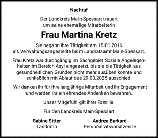 Nachruf Der Landkreis Main-Spessart trauert um seine ehemalige Mitarbeiterin