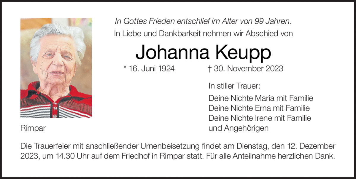 In Gottes Frieden entschlief im Alter von 99 Jahren