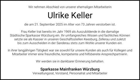 Wir nehmen Abschied von unserer ehemaligen Mitarbeiterin Ulrike Keller die am