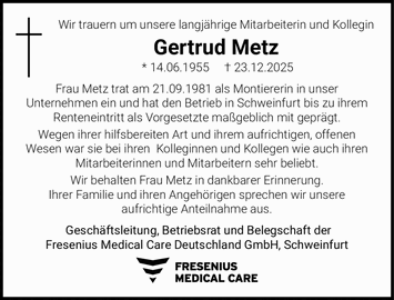 Wir trauern um unsere langj&auml;hrige Mitarbeiterin und Kollegin Gertrud Metz * 14