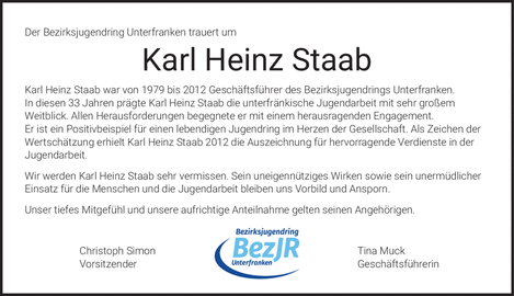 Der Bezirksjugendring Unterfranken trauert um Karl Heinz Staab Karl Heinz