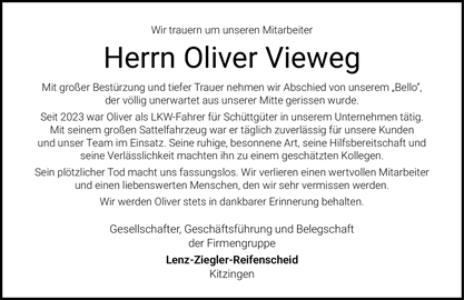 Wir trauern um unseren Mitarbeiter Herrn Oliver Vieweg Mit gro&szlig;er Best&uuml;rzung
