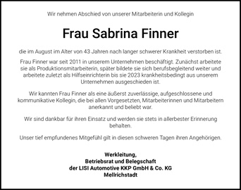 Wir nehmen Abschied von unserer Mitarbeiterin und Kollegin Frau Sabrina Finner