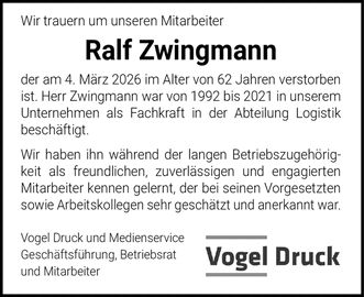 Wir trauern um unseren Mitarbeiter Ralf Zwingmann der am 4