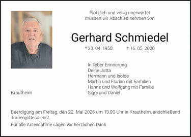 Pl&ouml;tzlich und v&ouml;llig unerwartet m&uuml;ssen wir Abschied nehmen von Gerhard